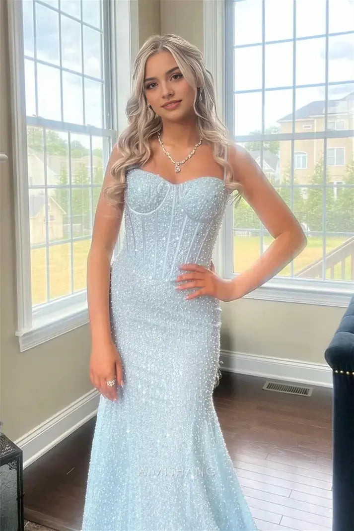 Aimishang Charming Mermaid Spaghetti Straps Sleeveless Long Formal Prom Dress Sexy Evening Party Dress Light Blue Sweet Graduation Dress