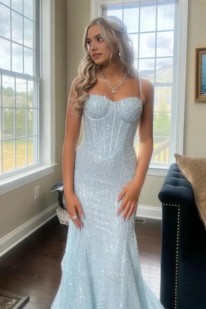 Aimishang Charming Mermaid Spaghetti Straps Sleeveless Long Formal Prom Dress Sexy Evening Party Dress Light Blue Sweet Graduation Dress