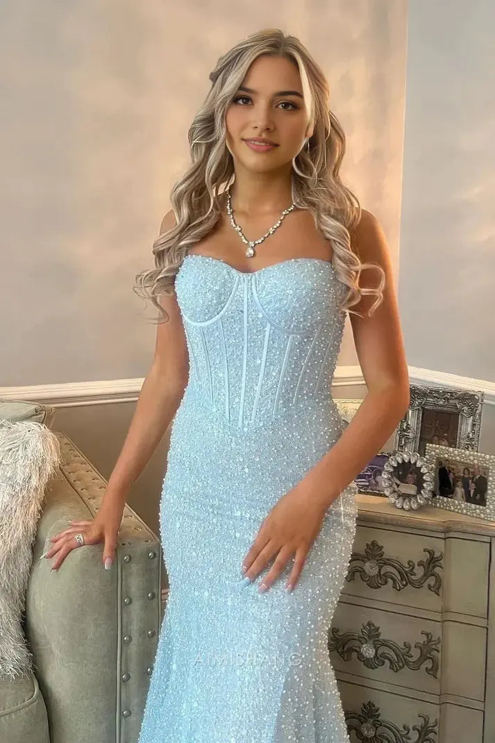 Aimishang Charming Mermaid Spaghetti Straps Sleeveless Long Formal Prom Dress Sexy Evening Party Dress Light Blue Sweet Graduation Dress