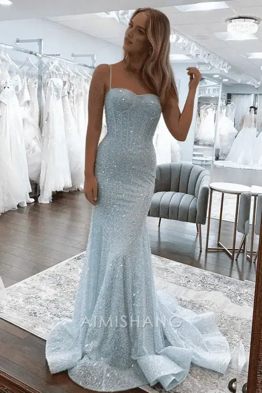 Aimishang Charming Mermaid Spaghetti Straps Sleeveless Sequin Long Prom Dress Sparkly Evening Party Dress