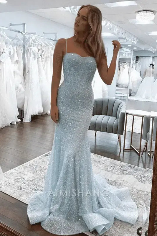 Aimishang Charming Mermaid Spaghetti Straps Sleeveless Sequin Long Prom Dress Sparkly Evening Party Dress