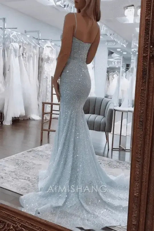 Aimishang Charming Mermaid Spaghetti Straps Sleeveless Sequin Long Prom Dress Sparkly Evening Party Dress