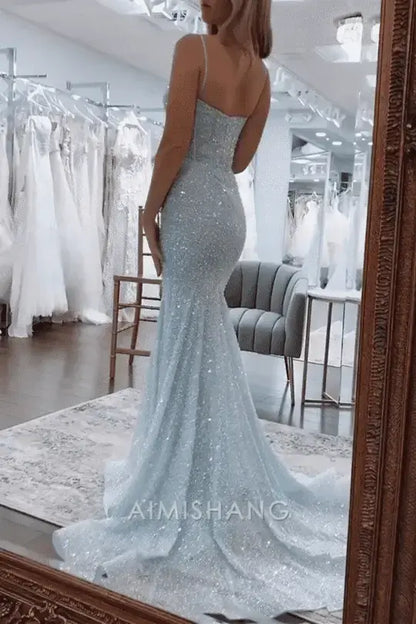 Aimishang Charming Mermaid Spaghetti Straps Sleeveless Sequin Long Prom Dress Sparkly Evening Party Dress