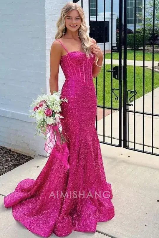 Aimishang Charming Mermaid Spaghetti Straps Sleeveless Sequin Long Prom Dress Sparkly Evening Party Dress
