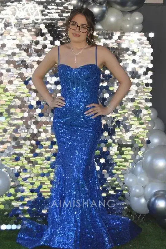 Aimishang Charming Mermaid Spaghetti Straps Sleeveless Sequin Long Prom Dress Sparkly Evening Party Dress