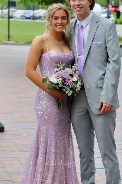 Aimishang Charming Mermaid Spaghetti Straps Sleeveless Sequin Long Prom Dress Sparkly Evening Party Dress