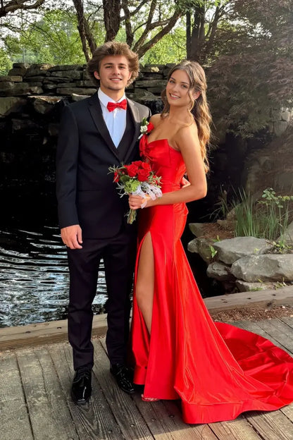 Aimishang Charming Mermaid Strapless Bow Front Sleeveless Evening Party Dresses Cute Long Formal Graduation Dress With Slit