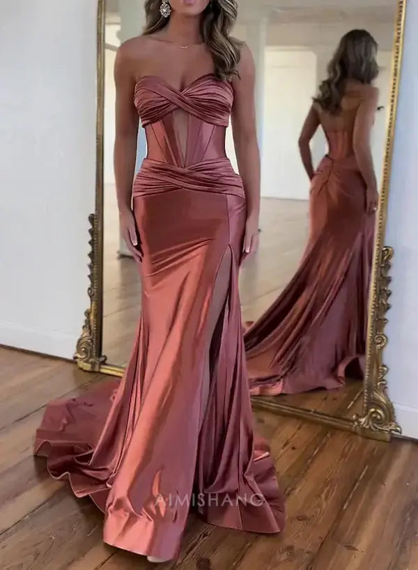 Aimishang Charming Mermaid Sweetheart Strapless Long Prom Dress Elegant Evening Party Dress With Slit