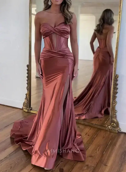 Aimishang Charming Mermaid Sweetheart Strapless Long Prom Dress Elegant Evening Party Dress With Slit