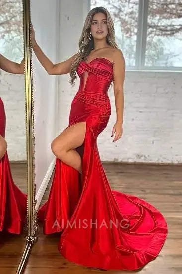 Aimishang Charming Mermaid Sweetheart Strapless Long Prom Dress Elegant Evening Party Dress With Slit