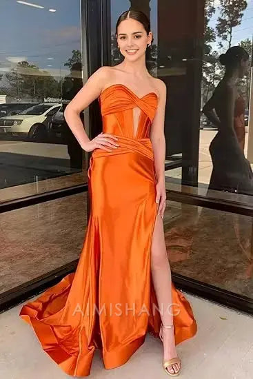 Aimishang Charming Mermaid Sweetheart Strapless Long Prom Dress Elegant Evening Party Dress With Slit