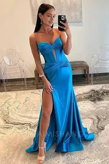 Aimishang Charming Mermaid Sweetheart Strapless Long Prom Dress Elegant Evening Party Dress With Slit