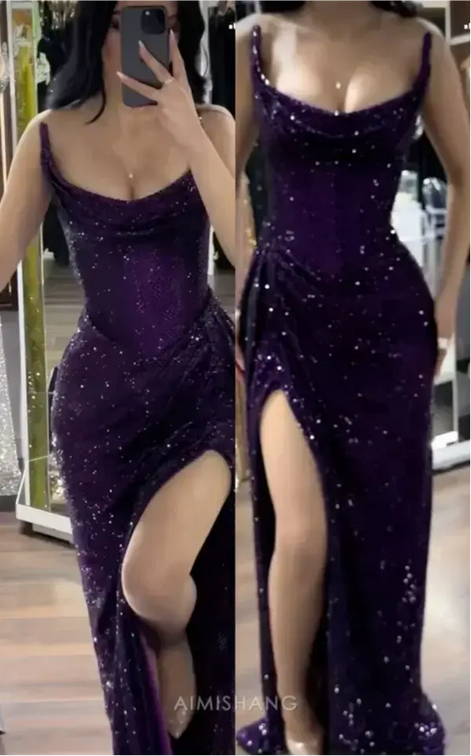 Aimishang Charming Mermaid Strapless Sleeveless Long Formal Prom Dress Sparkly Evening Party Gowns Sexy Black Girls Graduation Dress with Split