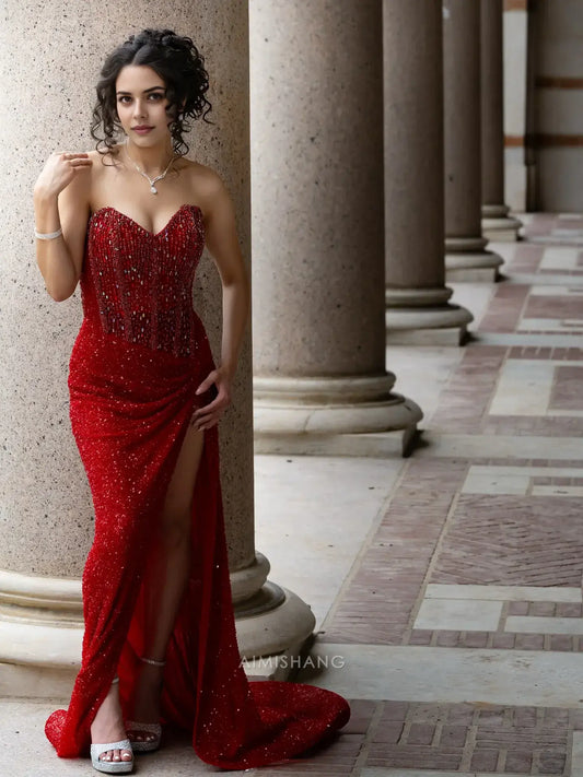 Aimishang Charming Mermaid Strapless Sleeveless Long Formal Prom Dress With Slit Sexy Evening Gown Shiny Birthday Party Dress