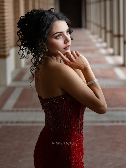 Aimishang Charming Mermaid Strapless Sleeveless Long Formal Prom Dress With Slit Sexy Evening Gown Shiny Birthday Party Dress