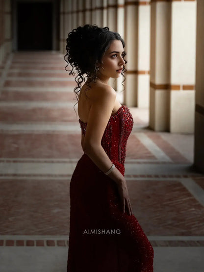 Aimishang Charming Mermaid Strapless Sleeveless Long Formal Prom Dress With Slit Sexy Evening Gown Shiny Birthday Party Dress