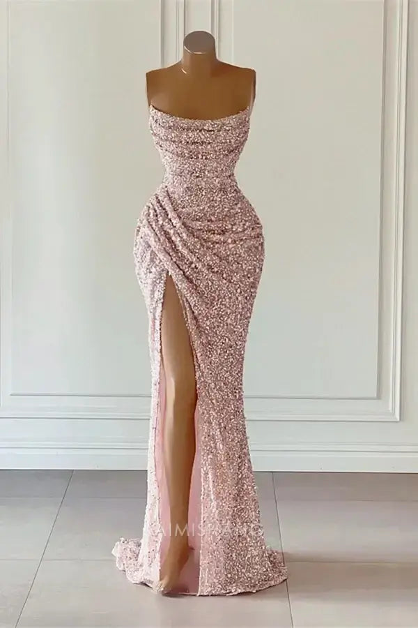Aimishang Charming Mermaid Strapless Sleeveless Sequin Party Evening Gowns With Slit Elegant Long Formal Prom Dress Sparkly Graduation Dress