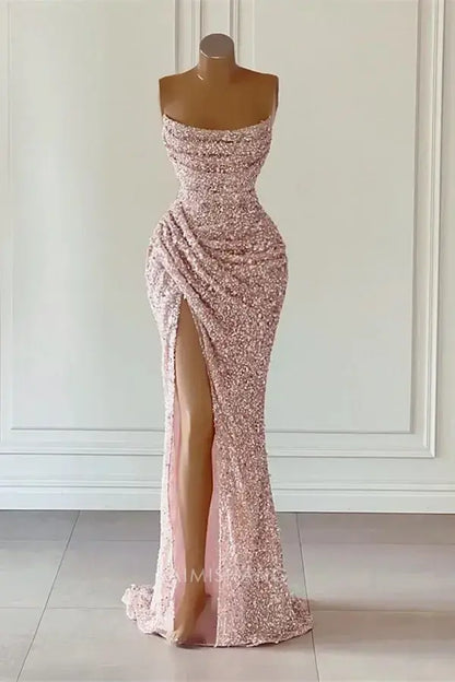 Aimishang Charming Mermaid Strapless Sleeveless Sequin Party Evening Gowns With Slit Elegant Long Formal Prom Dress Sparkly Graduation Dress