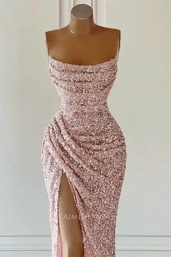 Aimishang Charming Mermaid Strapless Sleeveless Sequin Party Evening Gowns With Slit Elegant Long Formal Prom Dress Sparkly Graduation Dress