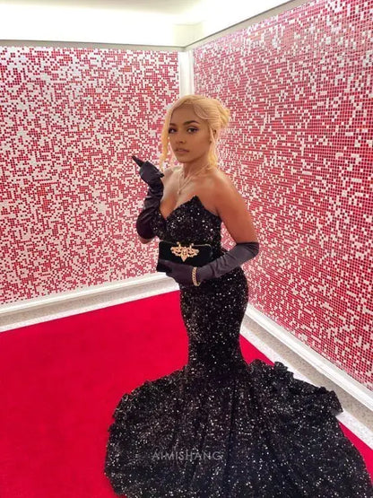 Aimishang Charming Mermaid Strapless Sleeveless Sequins Long Formal Prom Dress Sexy Black Evening Party Dress No With Gloves