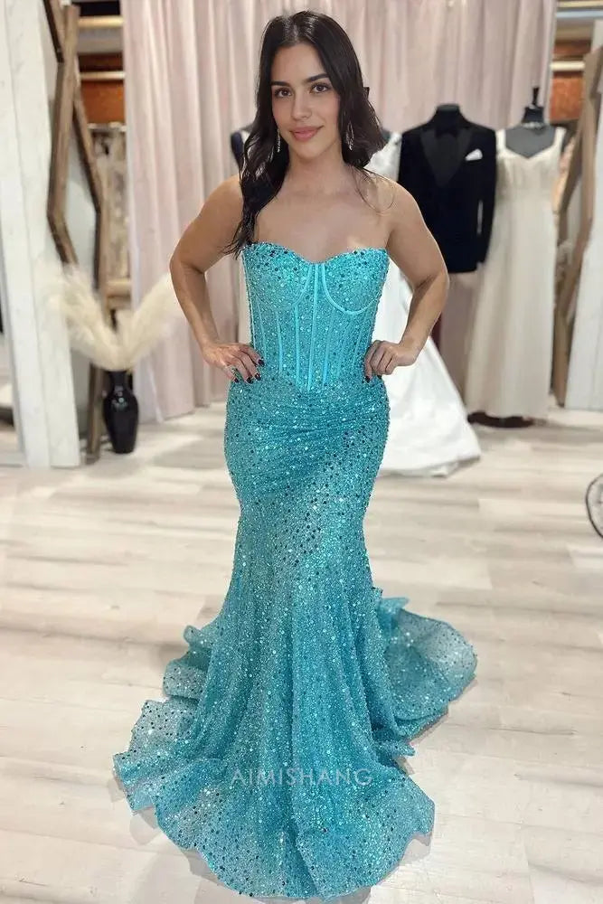 Aimishang Charming Mermaid Sweetheart Strapless Sleeveless Long Party Evening Gowns Elegant Formal Prom Dress Sparkly Graduation Dress
