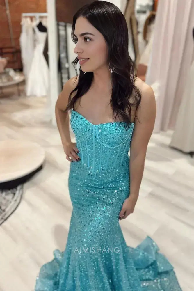 Aimishang Charming Mermaid Sweetheart Strapless Sleeveless Long Party Evening Gowns Elegant Formal Prom Dress Sparkly Graduation Dress