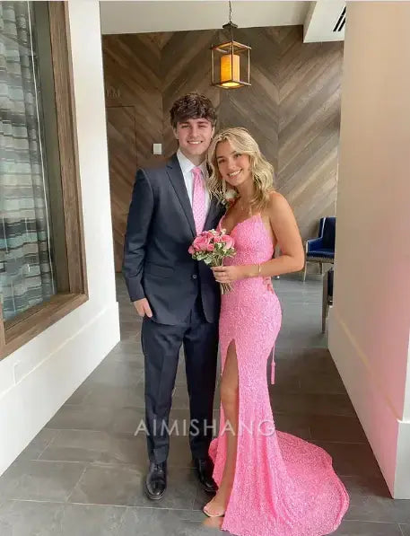 Aimishang Charming Mermaid V-neck Formal Dress Spaghetti Straps Sleeveless Sequin Long Prom Dress Sparkly Evening Party Dress With Slit