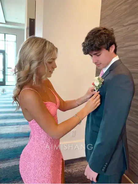 Aimishang Charming Mermaid V-neck Formal Dress Spaghetti Straps Sleeveless Sequin Long Prom Dress Sparkly Evening Party Dress With Slit