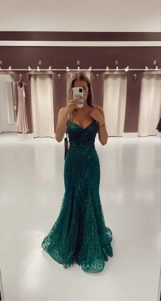 Aimishang Green Charming Mermaid V-neck Sleeveless Long Formal Prom Dress Stunning Evening Party Dress Sexy Graduation Dress