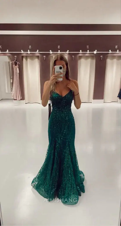 Aimishang Green Charming Mermaid V-neck Sleeveless Long Formal Prom Dress Stunning Evening Party Dress Sexy Graduation Dress