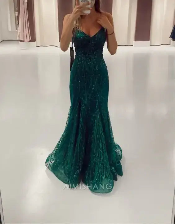 Aimishang Green Charming Mermaid V-neck Sleeveless Long Formal Prom Dress Stunning Evening Party Dress Sexy Graduation Dress