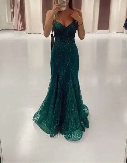 Aimishang Green Charming Mermaid V-neck Sleeveless Long Formal Prom Dress Stunning Evening Party Dress Sexy Graduation Dress