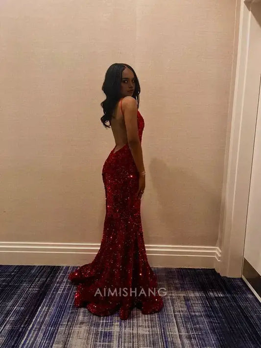 Aimishang Charming Mermaid V-neck Sleeveless Sequin Long Prom Dress Sparkly Evening Dress Sexy Party Dress