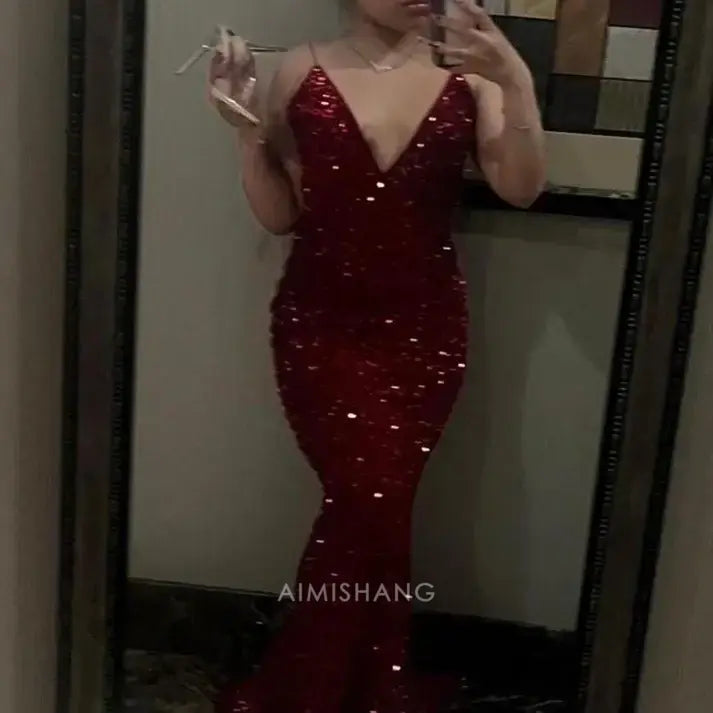 Aimishang Charming Mermaid V-neck Sleeveless Sequin Long Prom Dress Sparkly Evening Dress Sexy Party Dress