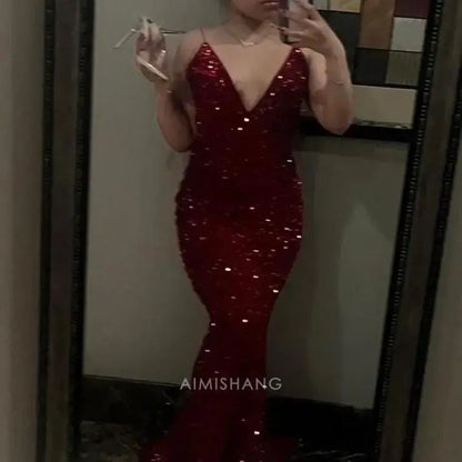 Aimishang Charming Mermaid V-neck Sleeveless Sequin Long Prom Dress Sparkly Evening Dress Sexy Party Dress