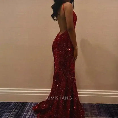 Aimishang Charming Mermaid V-neck Sleeveless Sequin Long Prom Dress Sparkly Evening Dress Sexy Party Dress