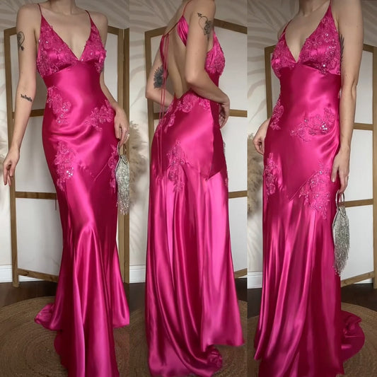 Aimishang Charming Mermaid V-neck Spaghetti Straps Sleeveless Graduation Dress Elegant Long Formal Prom Dress with Appliques