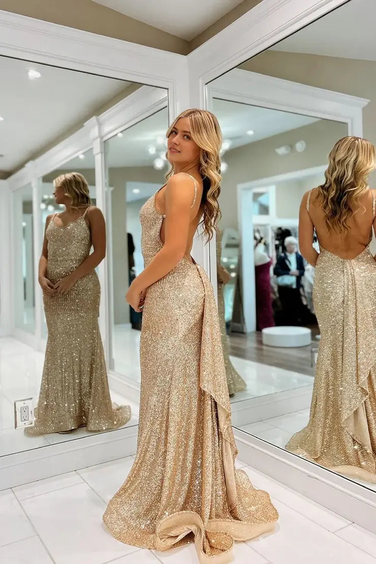 Aimishang Charming Mermaid V Neck Sequins Evening Gown Fashion Birthday Party Dress Sparkly Long Prom Dress