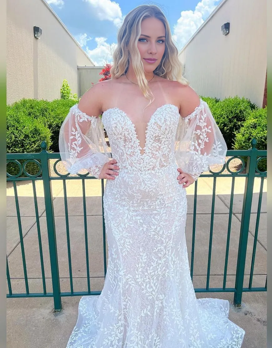 Aimishang Charming Off Shoulder Wedding Dress Pretty Mermaid Strapless Lace Prom Dress With Detachable Sleeves