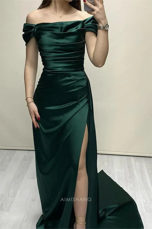 Aimishang Charming Off The Shoulder Pleated Satin Long Formal Prom Dress With Slit Elegant Party Evening Gown Fashion Wedding Guest Dress