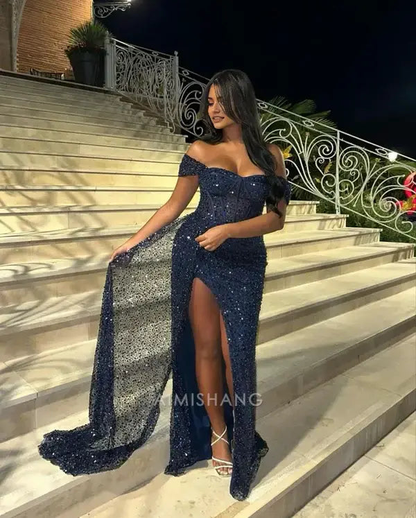 Aimishang Charming Off the Shoulder Long Formal Prom Dress With Slit Sexy Evening Party Dress Sparkly Graduation Dress
