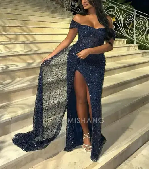 Aimishang Charming Off the Shoulder Long Formal Prom Dress With Slit Sexy Evening Party Dress Sparkly Graduation Dress