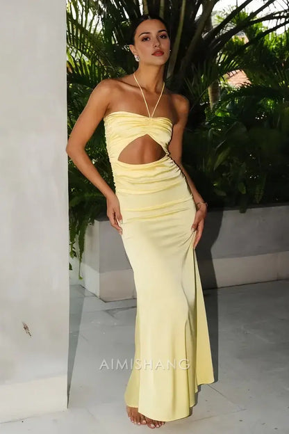 Aimishang Charming Sheath Halter Sleeveless Satin Long Formal Prom Dresses With Cutout Sexy Graduation Dress Fashion Party Evening Gowns