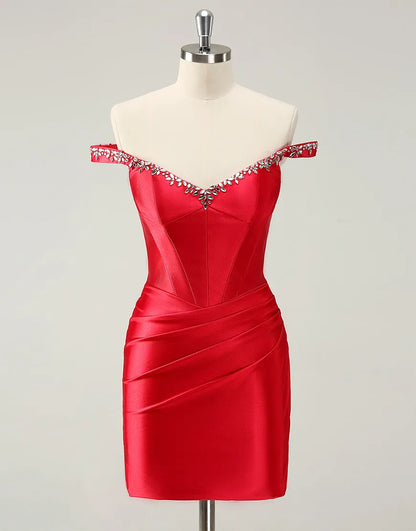 Aimishang Charming Sheath Homecoming Dress Off-the-Shoulder Beaded Graduation Dress Chic Birthday Party Dress