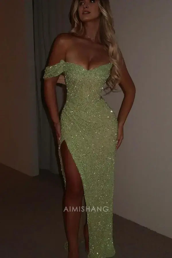 Aimishang Charming Sheath One Shoulder Sequins Long Formal Prom Dress Sparkly Evening Party Gowns Sexy Graduation Dress with Split