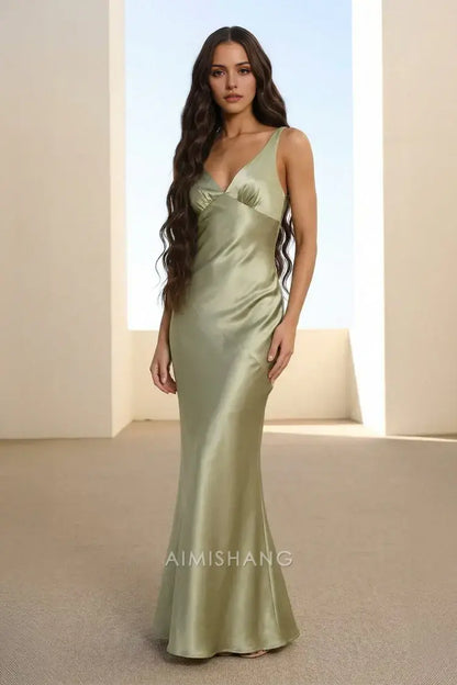Aimishang Charming Sheath V-neck Satin Open Back Sleeveless Long Formal Prom Dresses Elegant Wedding Guest Dress Simple Party Evening Gowns