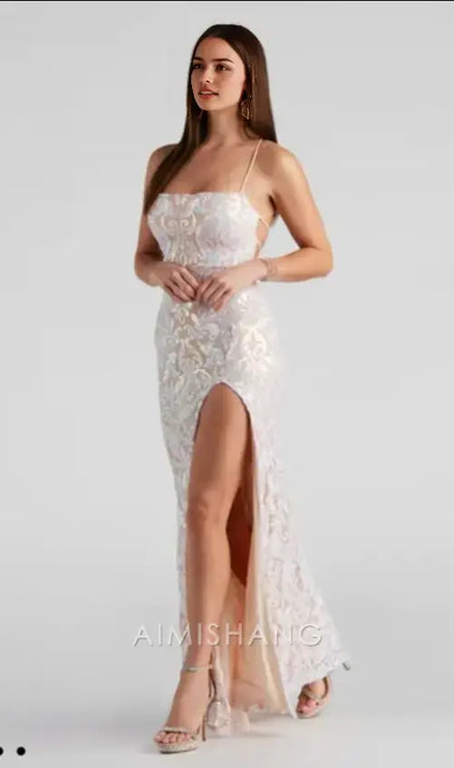 Aimishang Charming Sheath Spaghetti Straps Sleeveless Long Formal Prom Dress Elegant Evening Party Dress With Slit