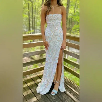 Aimishang Charming Sheath Spaghetti Straps Sleeveless Long Formal Prom Dress Elegant Evening Party Dress With Slit