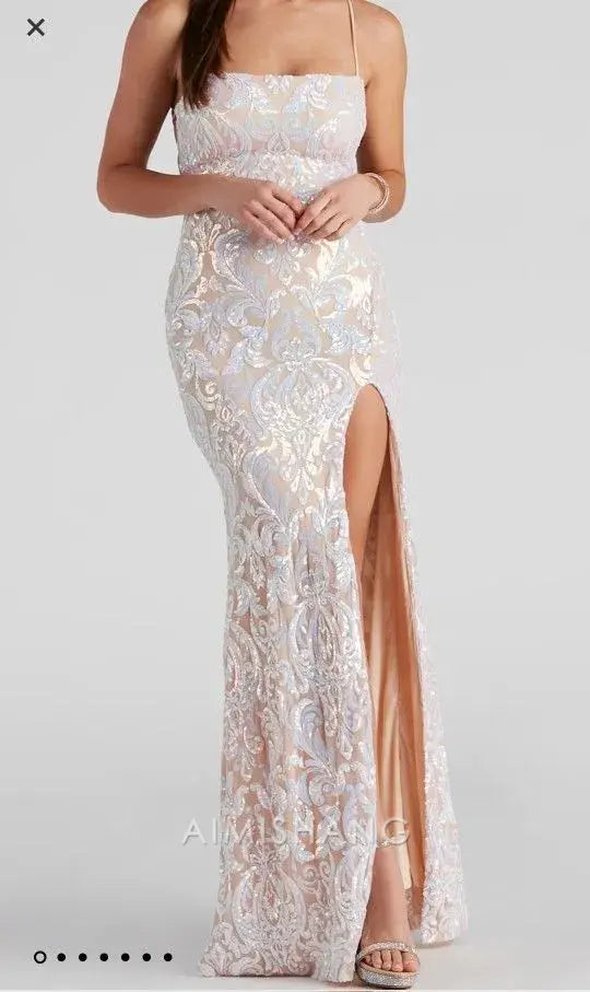 Aimishang Charming Sheath Spaghetti Straps Sleeveless Long Formal Prom Dress Elegant Evening Party Dress With Slit