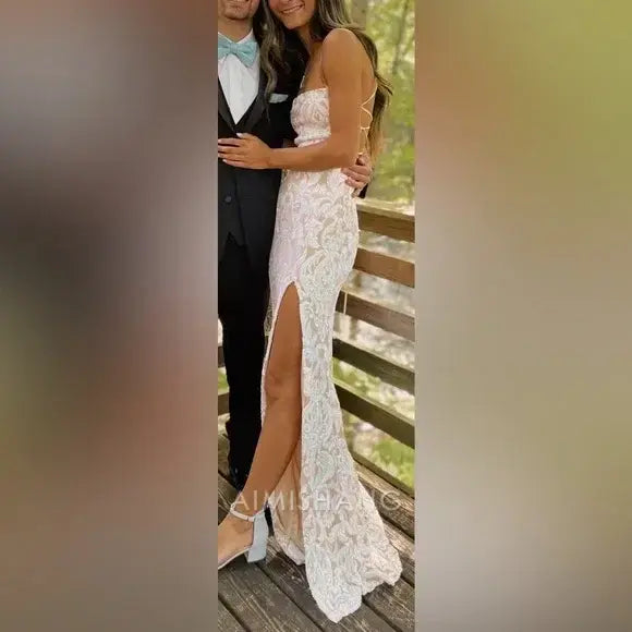 Aimishang Charming Sheath Spaghetti Straps Sleeveless Long Formal Prom Dress Elegant Evening Party Dress With Slit